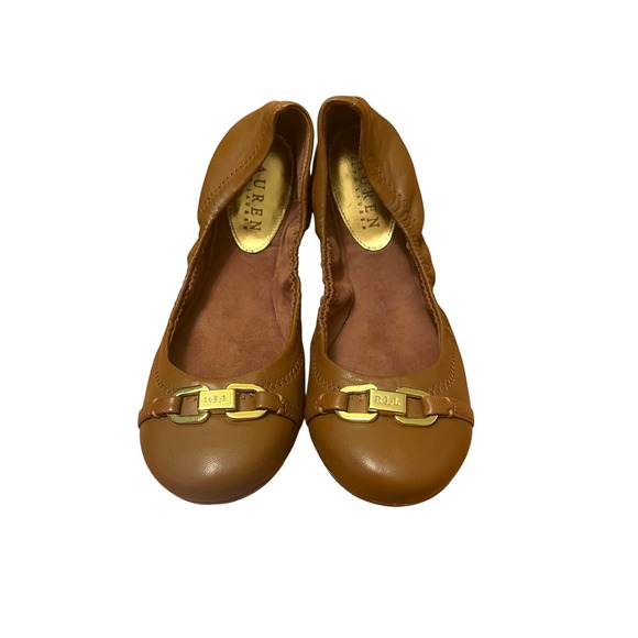 Ralph Lauren Women's 6B Betty Polo Brown and Gold Round Toe Leather Ballet Flats - Picture 1 of 5